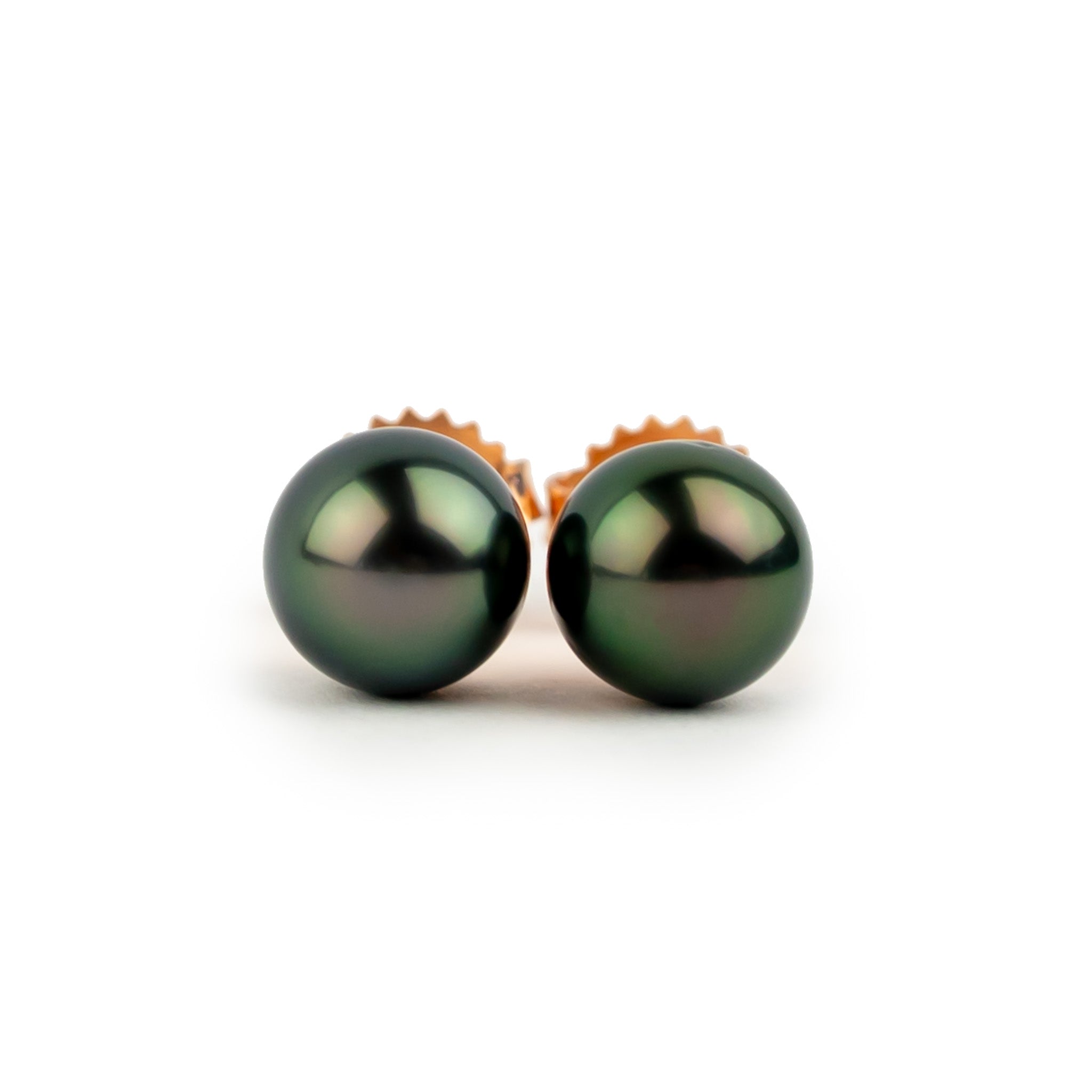 Aubergine Green 7.6-7.9mm Tahitian Pearl Stud Earrings