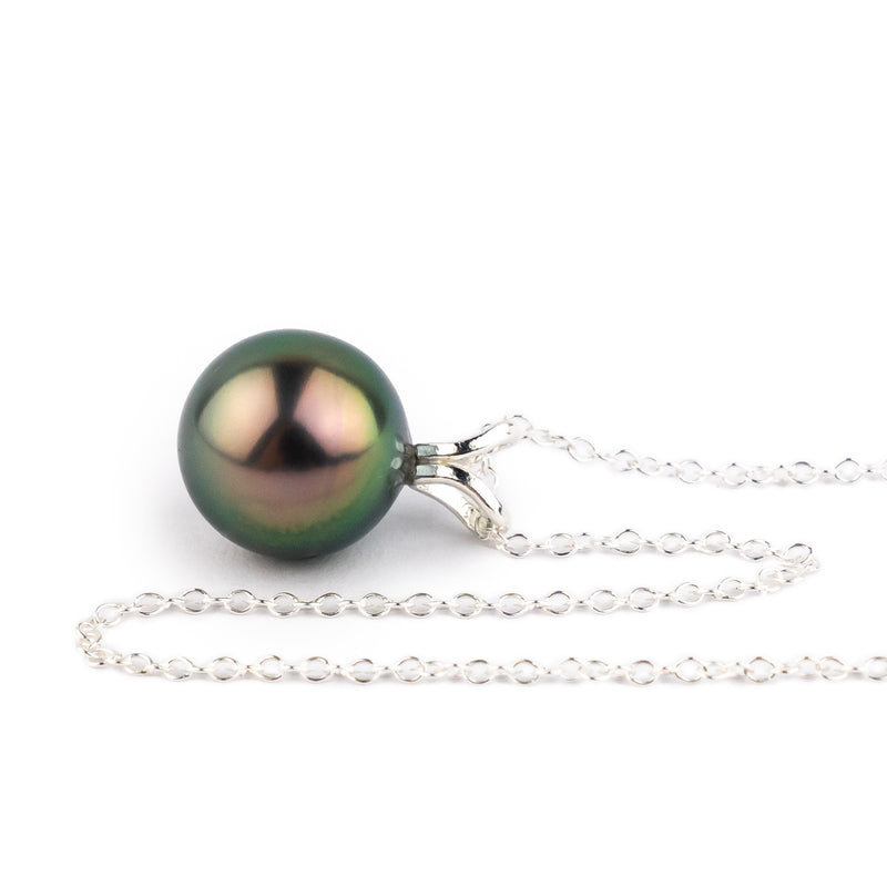 Aubergine Peacock 9.2mm Tahitian Pearl I'a Necklace on Sterling Silver