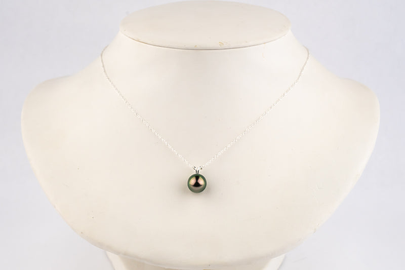 Aubergine Peacock 9.2mm Tahitian Pearl I'a Necklace on Sterling Silver