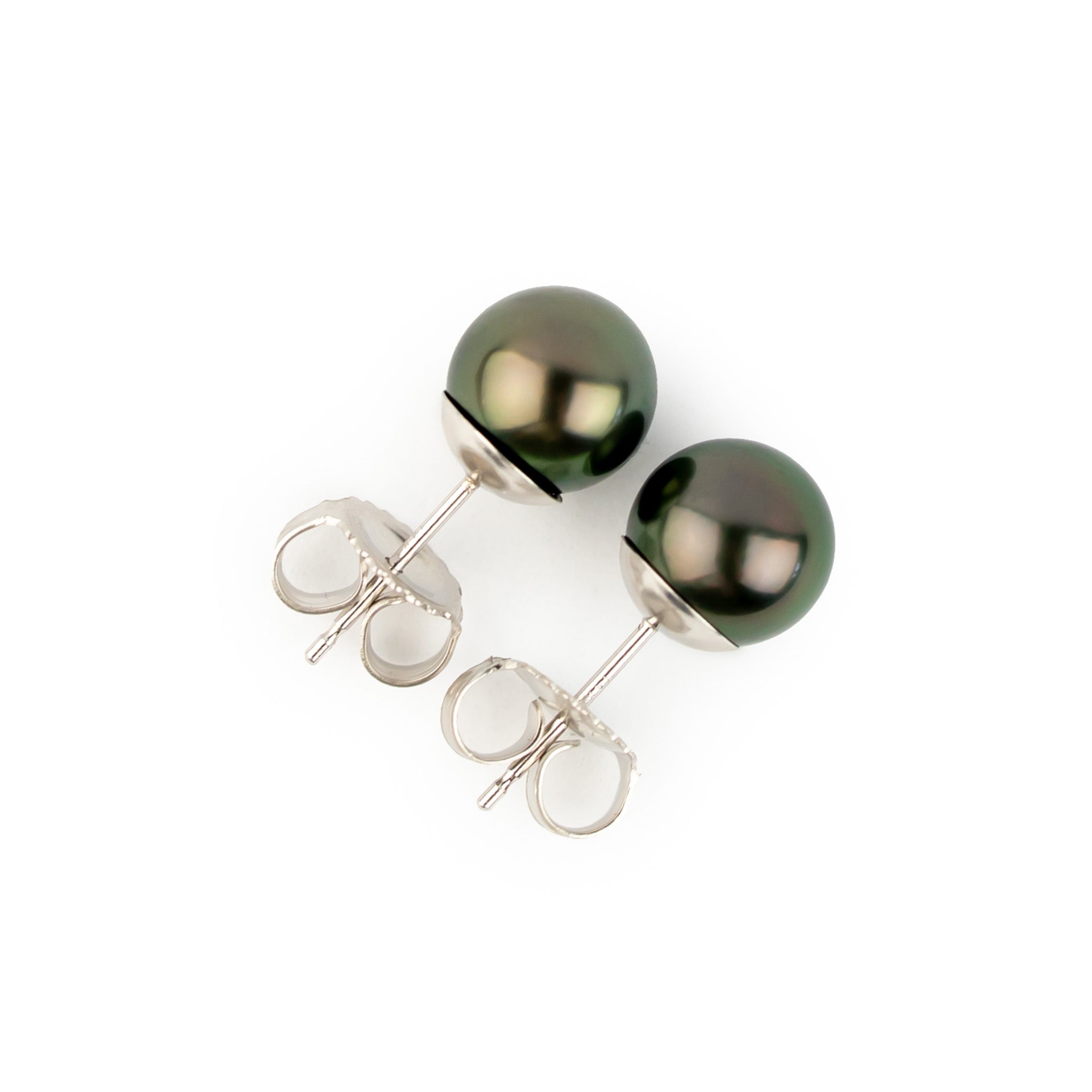 Aubergine Green 7.6-7.9mm Tahitian Pearl Stud Earrings