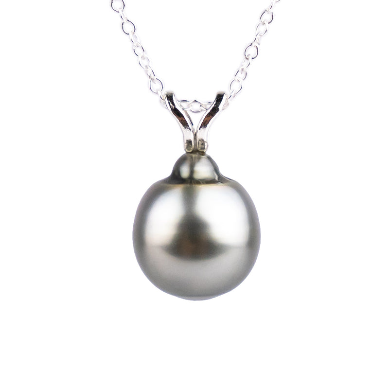 Dark Silvery 9.3mm Tahitian Pearl I'a Necklace on Sterling Silver
