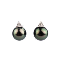 Deep Peacock Green Tahitian Pearl & Diamond Toru Earrings on 14K White Gold