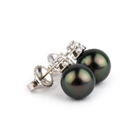 Deep Peacock Green Tahitian Pearl & Diamond Toru Earrings on 14K White Gold