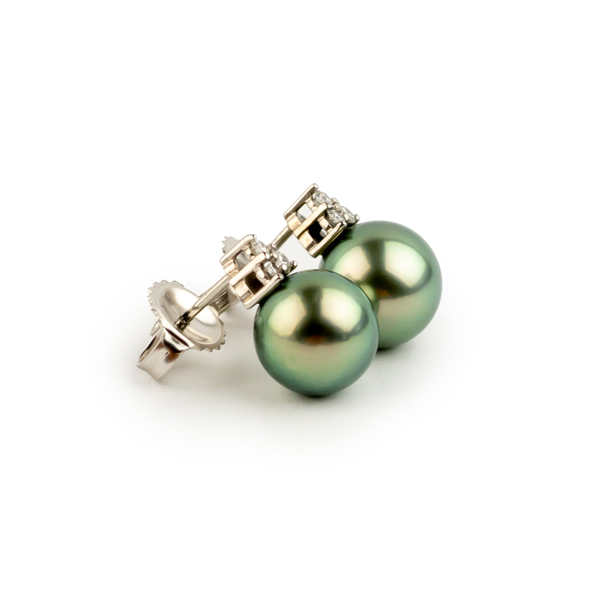 Golden Seafoam Green Tahitian Pearl & Diamond Toru Earrings on 14K White Gold