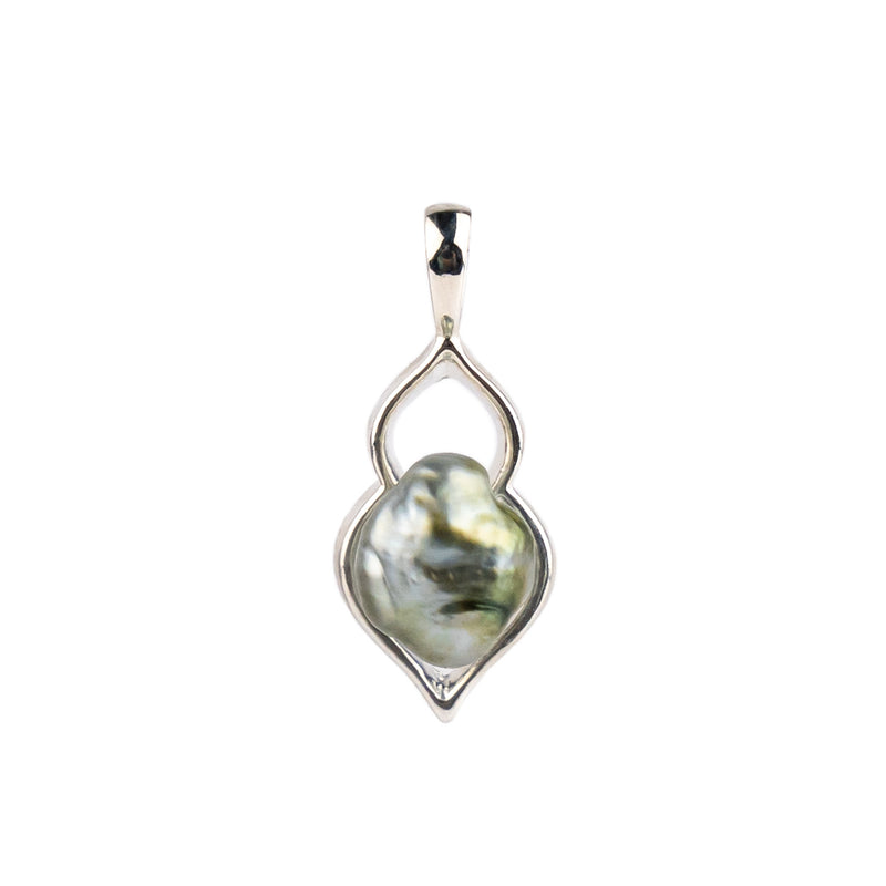 Silvery Green Keshi Pearl Lotus Pendant on Sterling Silver