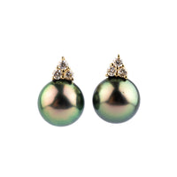 Flashy Peacock Green Tahitian Pearl & Diamond Toru Earrings on 14K Yellow Gold