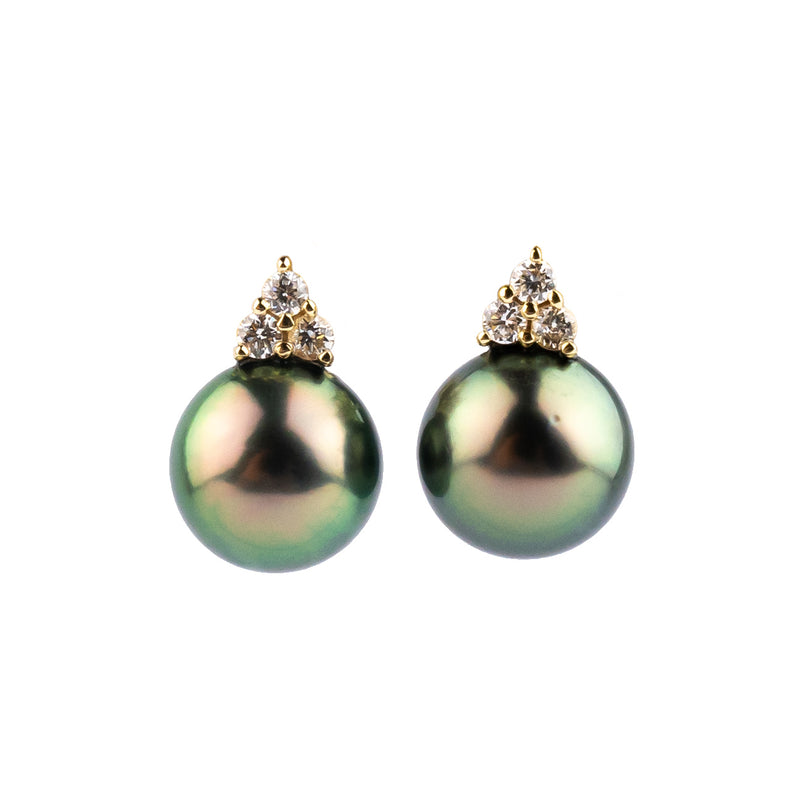 Flashy Peacock Green Tahitian Pearl & Diamond Toru Earrings on 14K Yellow Gold