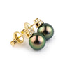 Flashy Peacock Green Tahitian Pearl & Diamond Toru Earrings on 14K Yellow Gold