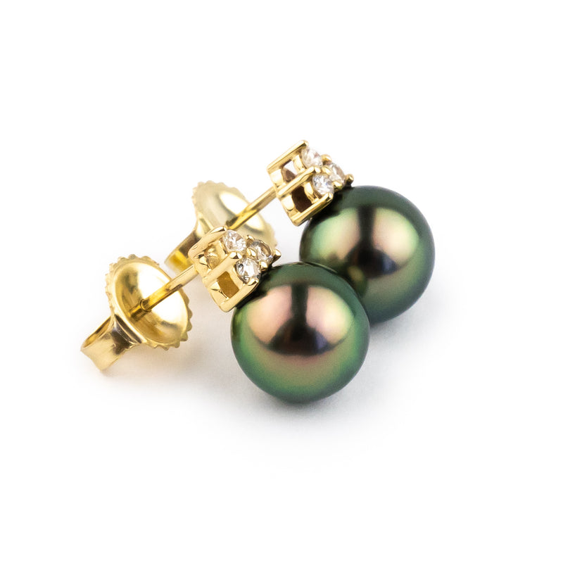 Flashy Peacock Green Tahitian Pearl & Diamond Toru Earrings on 14K Yellow Gold