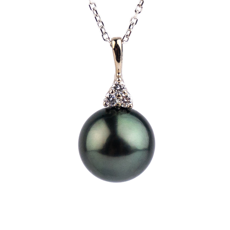 Deep Peacock Green Tahitian Pearl & Diamond Toru Necklace on 14K White Gold