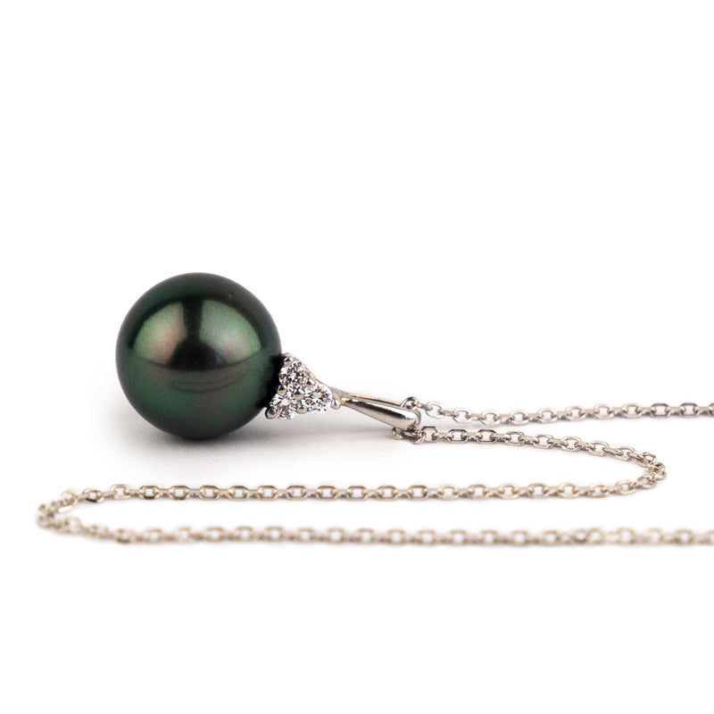 Deep Peacock Green Tahitian Pearl & Diamond Toru Necklace on 14K White Gold