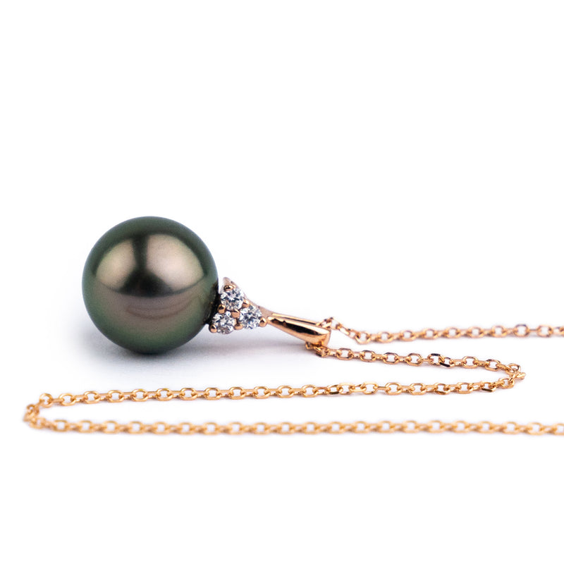 Aubergine Green Tahitian Pearl & Diamond Toru Necklace on 14K Rose Gold