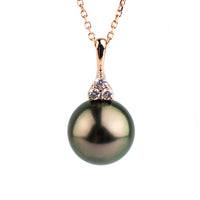 Aubergine Green Tahitian Pearl & Diamond Toru Necklace on 14K Rose Gold