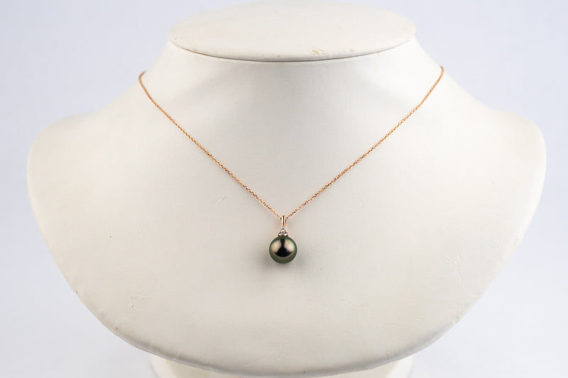 Aubergine Green Tahitian Pearl & Diamond Toru Necklace on 14K Rose Gold