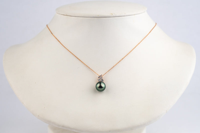 Peacock Green Tahitian Pearl & Diamond Asteria Pendant or Necklace on 14K Rose Gold