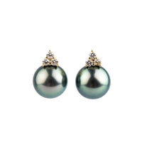 Blue-Green Tahitian Pearl & Diamond Toru Earrings on 14K Yellow Gold