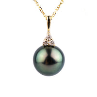 Indigo Green Peacock Tahitian Pearl & Diamond Toru Necklace on 14K Yellow Gold
