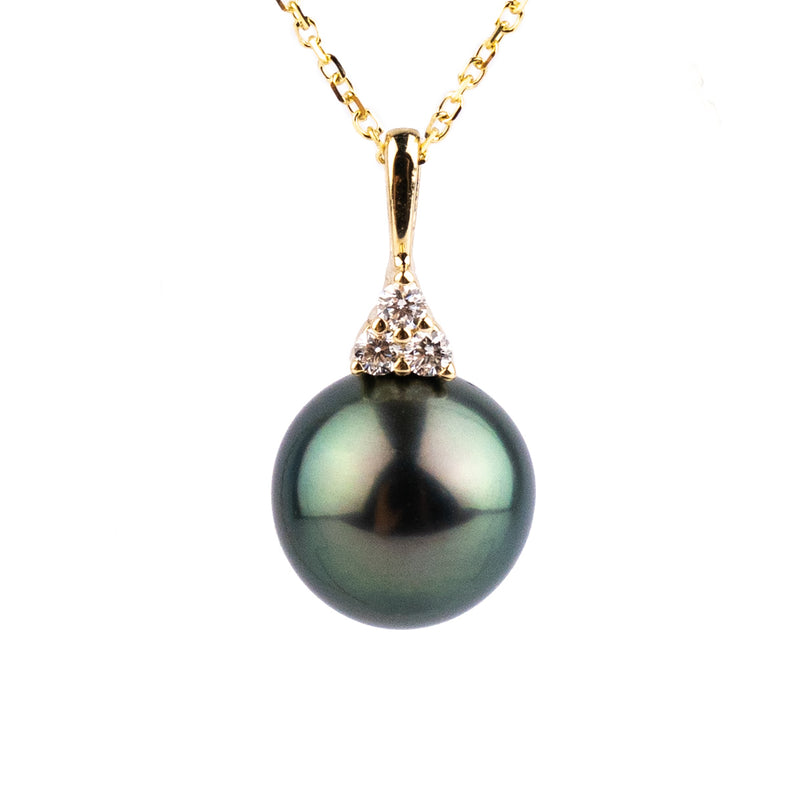 Indigo Green Peacock Tahitian Pearl & Diamond Toru Necklace on 14K Yellow Gold