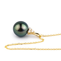 Indigo Green Peacock Tahitian Pearl & Diamond Toru Necklace on 14K Yellow Gold