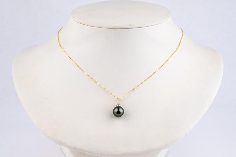 Indigo Green Peacock Tahitian Pearl & Diamond Toru Necklace on 14K Yellow Gold