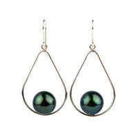 Indigo Green Tahitian Pearl Teardrop Dangle Earrings on Sterling Silver
