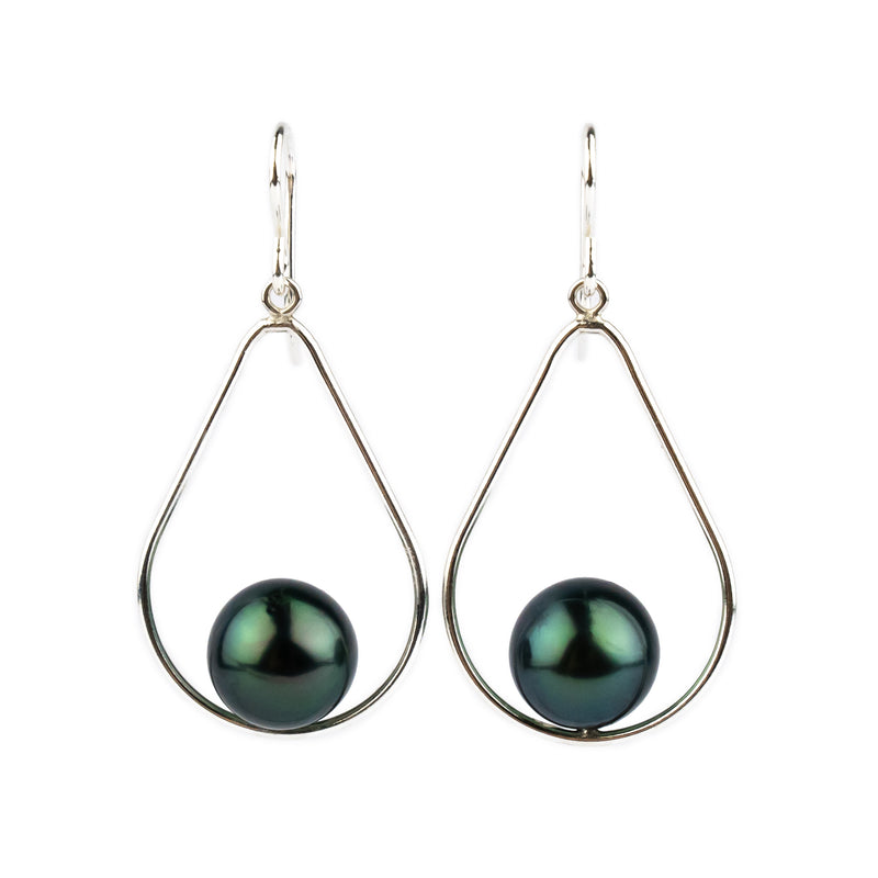 Indigo Green Tahitian Pearl Teardrop Dangle Earrings on Sterling Silver