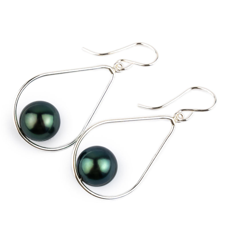 Indigo Green Tahitian Pearl Teardrop Dangle Earrings on Sterling Silver