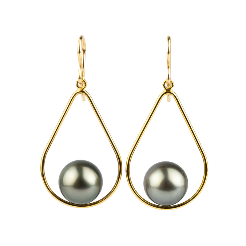 Warm Green Tahitian Pearl Teardrop Dangle Earrings