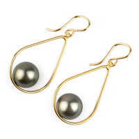Warm Green Tahitian Pearl Teardrop Dangle Earrings