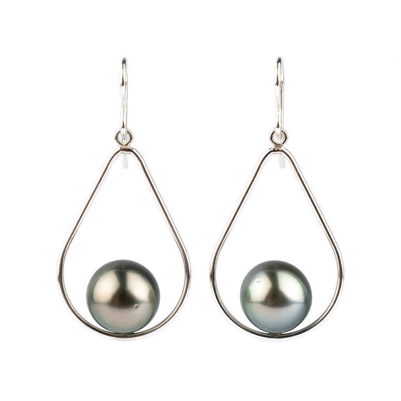 Silvery Blue Pink Tahitian Pearl Teardrop Dangle Earrings on Sterling Silver