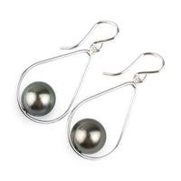 Silvery Blue Pink Tahitian Pearl Teardrop Dangle Earrings on Sterling Silver