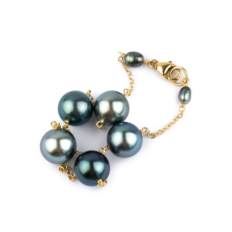 Blue Heaven Tahitian Pearl Tin Cup Bracelet on 14K Yellow Gold