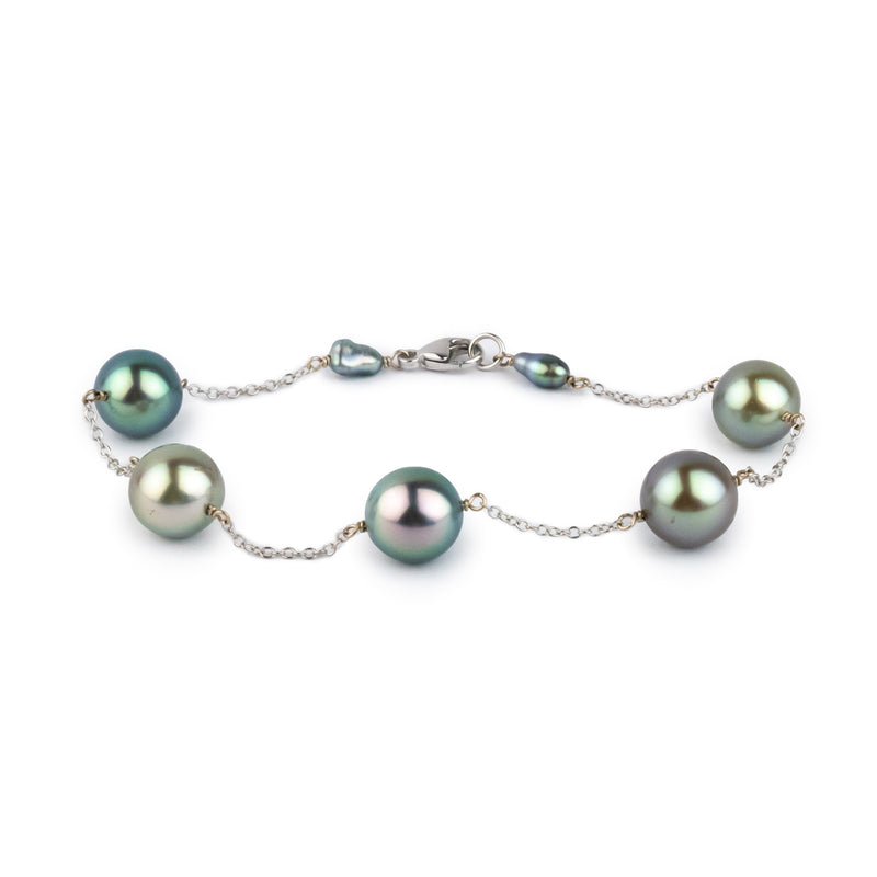 Iridescent Pastel Tahitian Pearl Tin Cup Bracelet on 14k White Gold