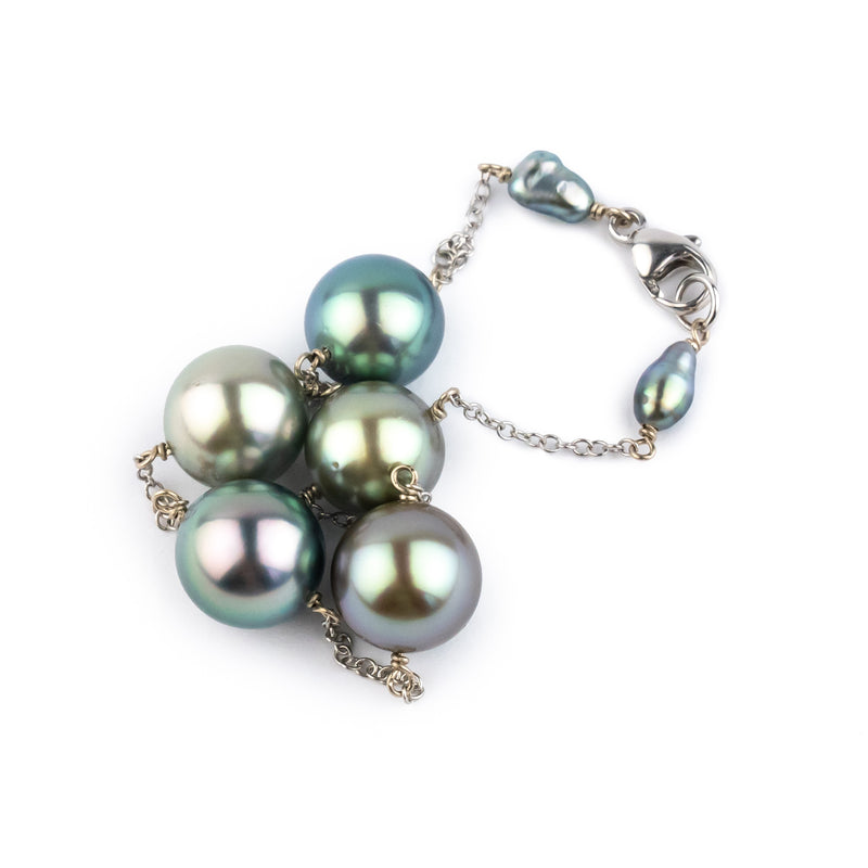 Iridescent Pastel Tahitian Pearl Tin Cup Bracelet on 14k White Gold