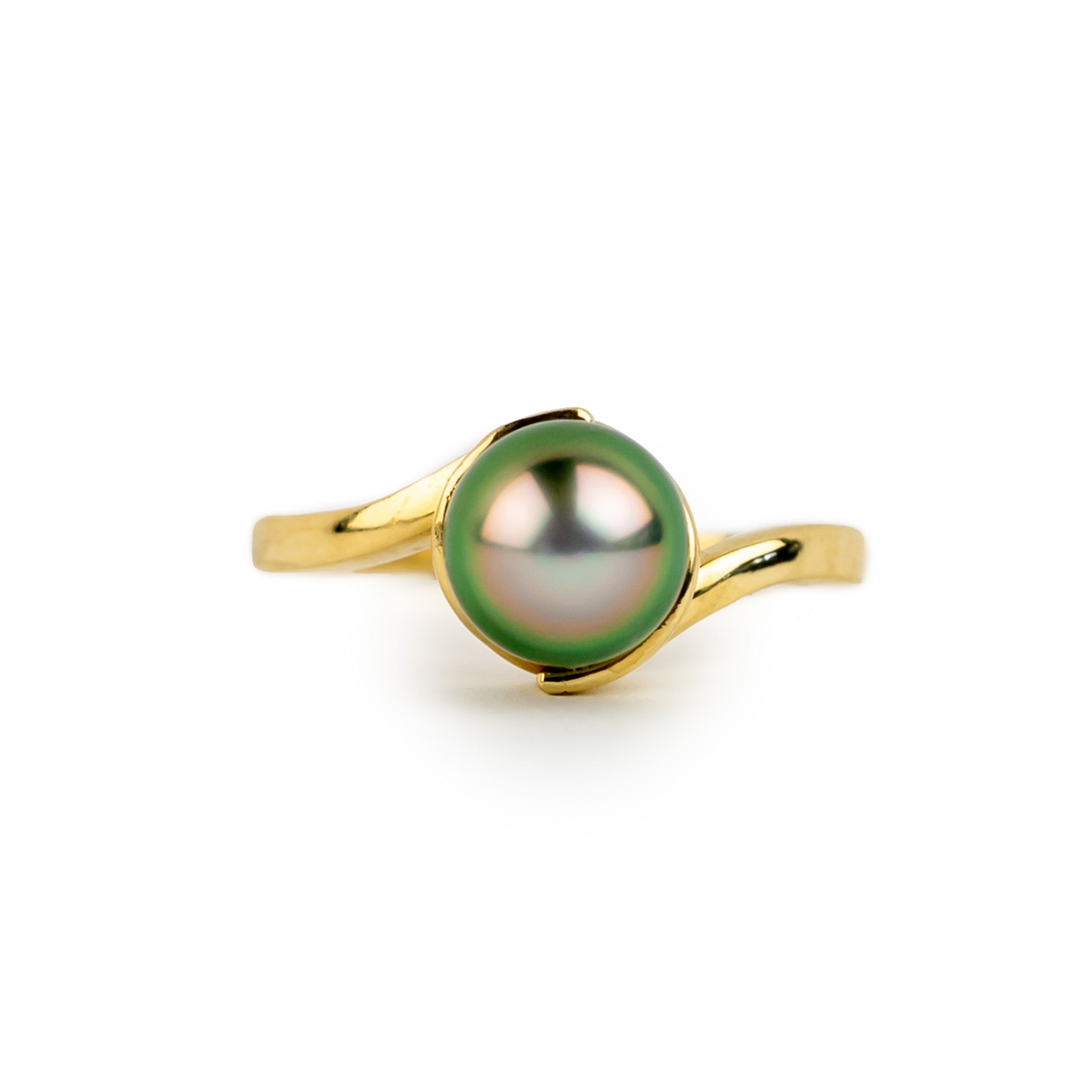 Pink Peacock 8.4mm Tahitian Pearl Spiral Ring on 14k Yellow Gold