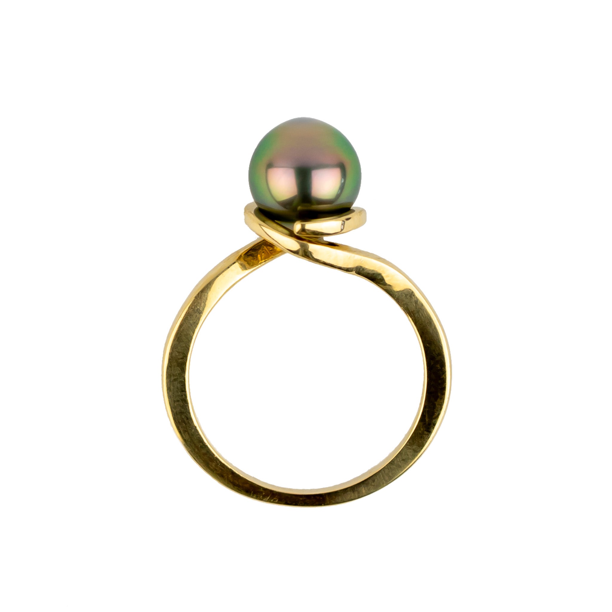 Pink Peacock 8.4mm Tahitian Pearl Spiral Ring on 14k Yellow Gold