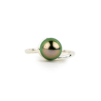 Fluorescent Pink Green 8.3mm Tahitian Pearl Swirl Ring on Sterling Silver