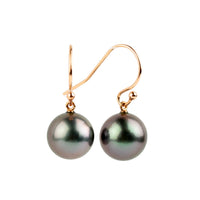 Dark Lavender Green Tahitian Pearl Dangle Earrings on 14K Rose Gold