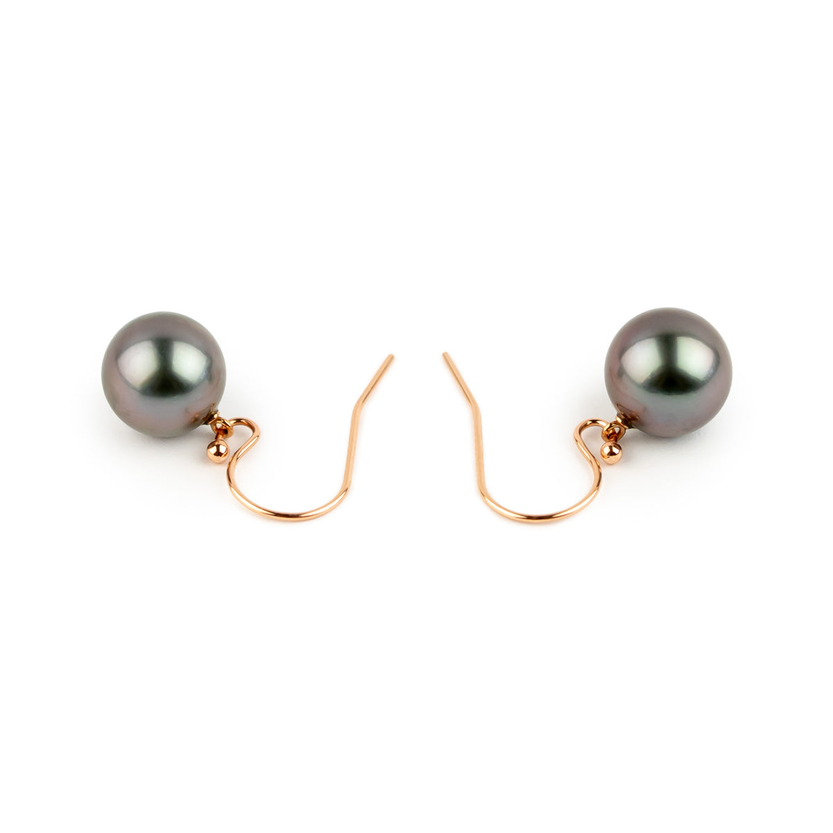 Dark Lavender Green Tahitian Pearl Dangle Earrings on 14K Rose Gold