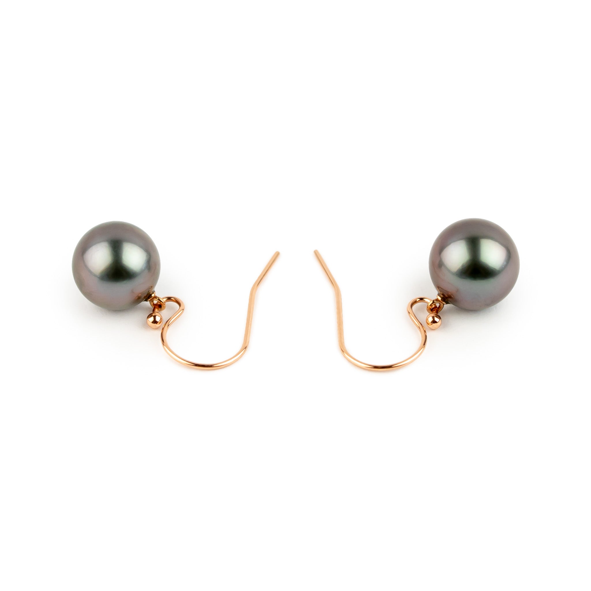 Dark Lavender Green Tahitian Pearl Dangle Earrings on 14K Rose Gold