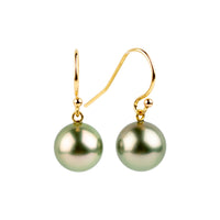 Shimmery Pink Green Tahitian Pearl Dangle Earrings on 14K Yellow Gold