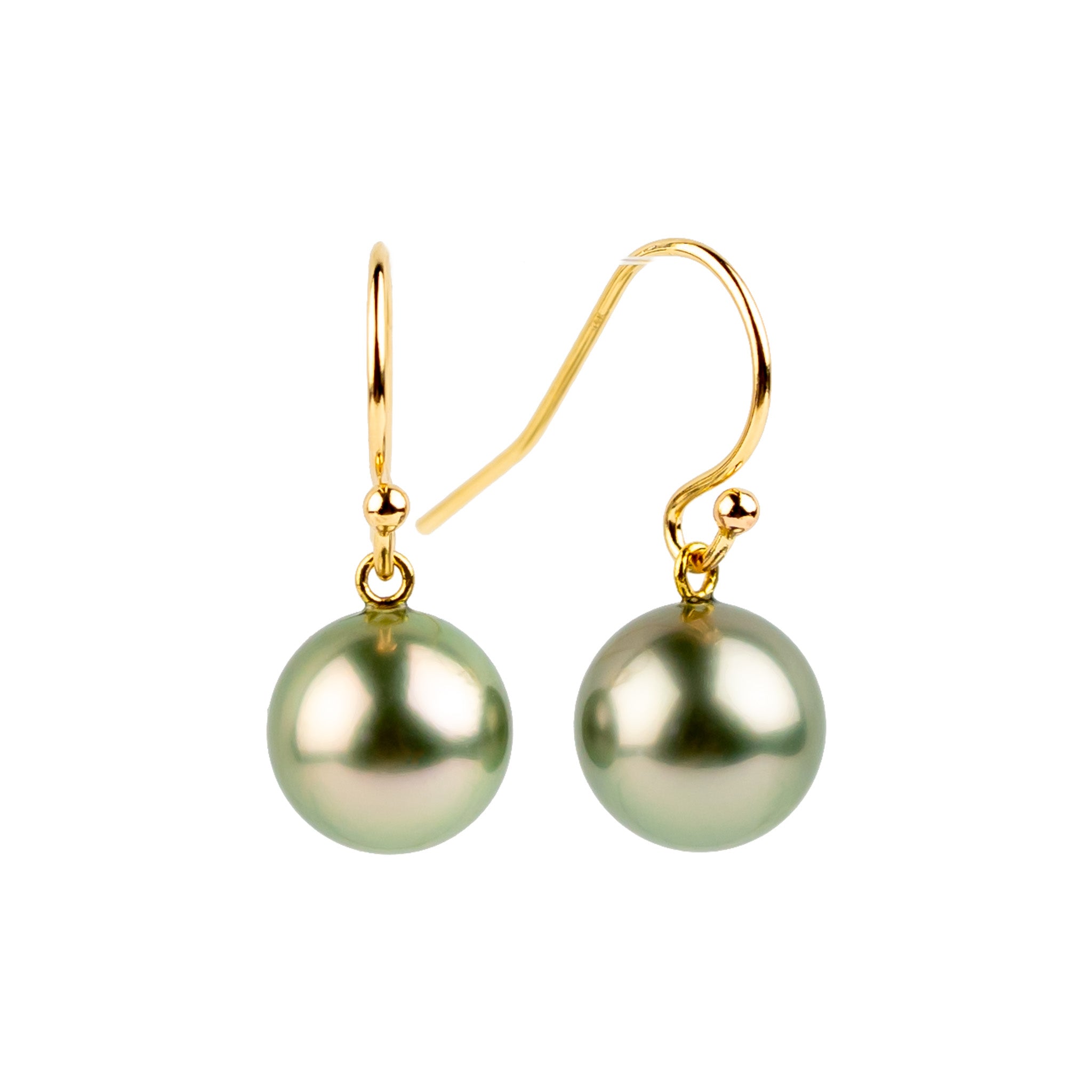 Shimmery Pink Green Tahitian Pearl Dangle Earrings on 14K Yellow Gold
