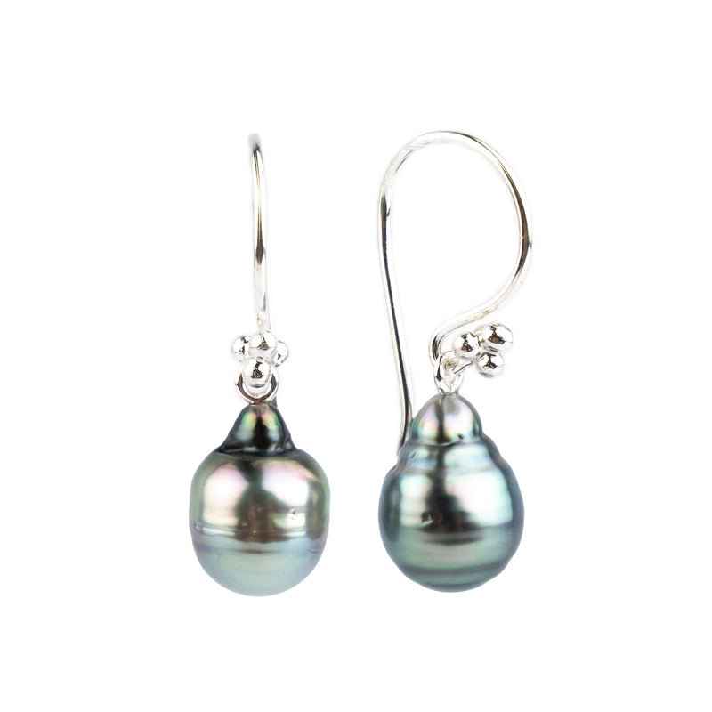 Blue Pink Circled-Drop Tahitian Pearl Hook Earrings on Sterling Silver