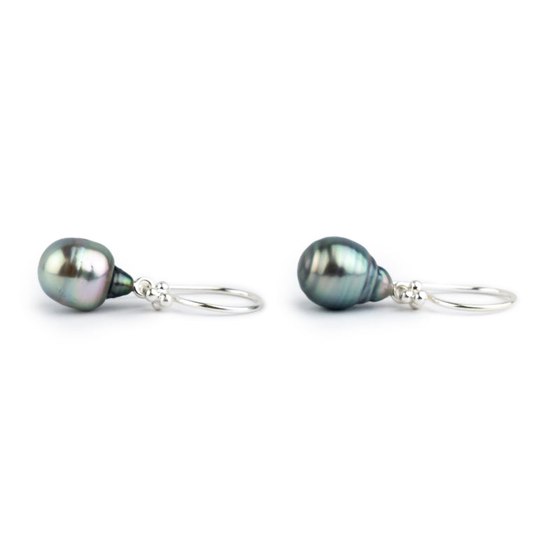 Blue Pink Circled-Drop Tahitian Pearl Hook Earrings on Sterling Silver
