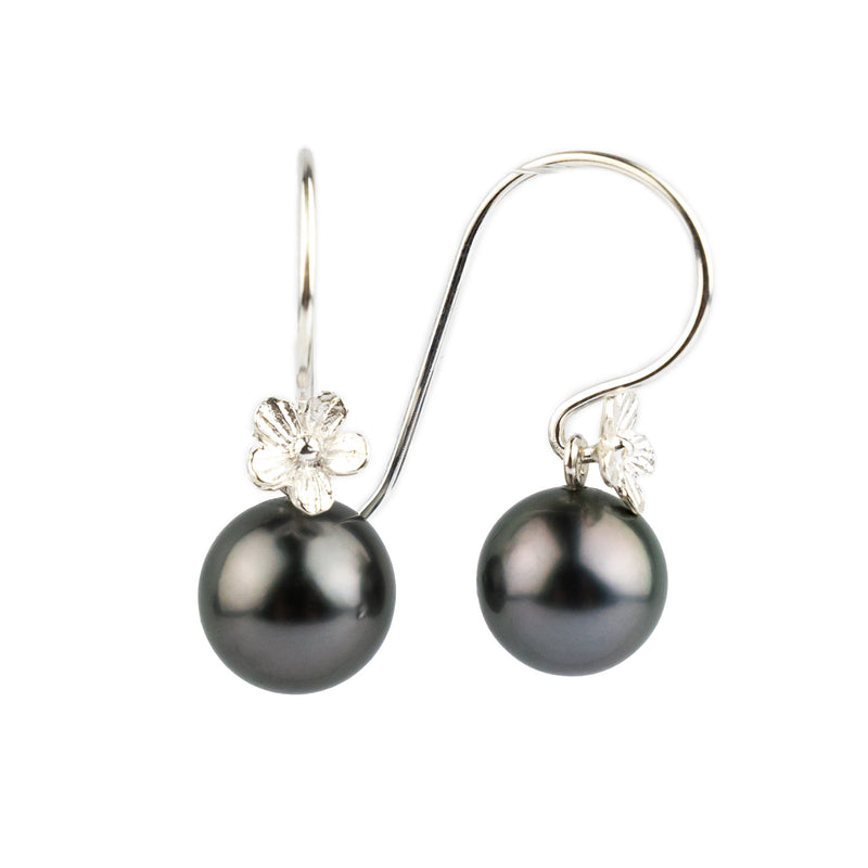 Dark Pink Green Tahitian Pearl Hibiscus Hook Earrings