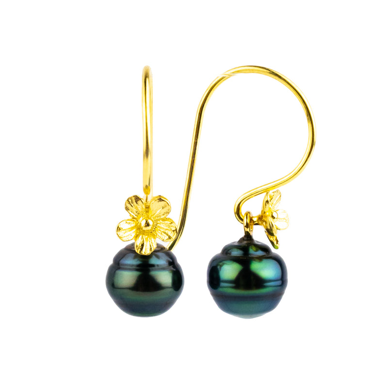Indigo Green Circled Tahitian Pearl Hibiscus Hook Earrings