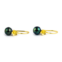 Indigo Green Circled Tahitian Pearl Hibiscus Hook Earrings