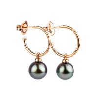Iridescent Blue Green Tahitian Pearl Hoop Earrings on 14K Rose Gold