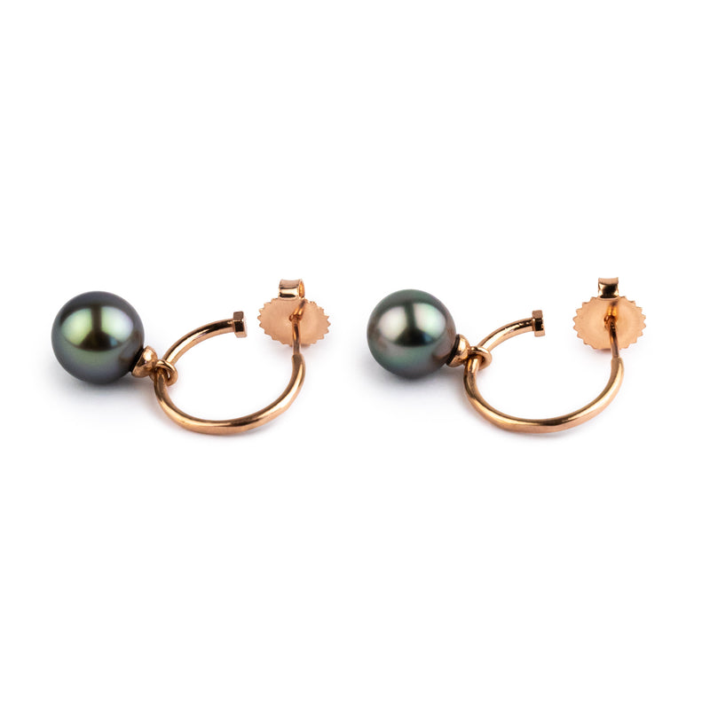 Iridescent Blue Green Tahitian Pearl Hoop Earrings on 14K Rose Gold