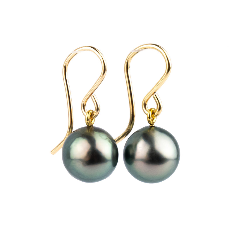 Blue Green Tahitian Pearl Dangles on Gold-Filled